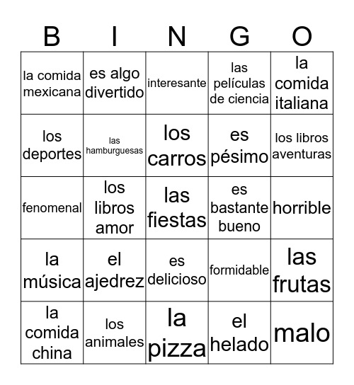 Describing Things Bingo Card