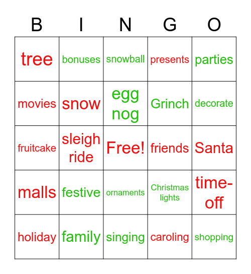 Holiday Celebration Bingo Card
