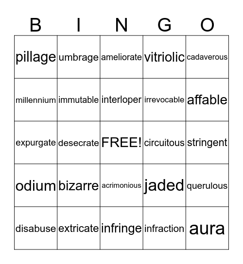 Vocabulary Level F  Bingo Card