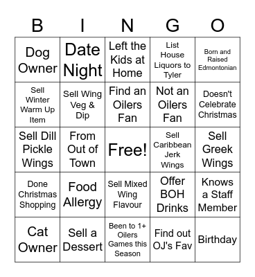 Wing Night Bingo Card
