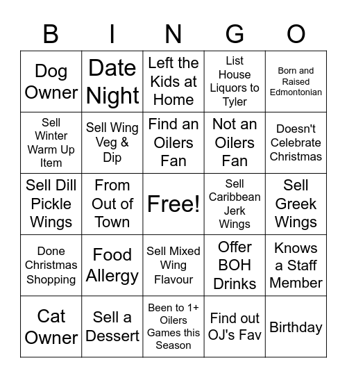 Wing Night Bingo Card
