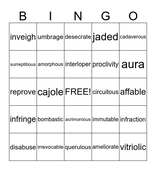 Vocabulary Level F  Bingo Card