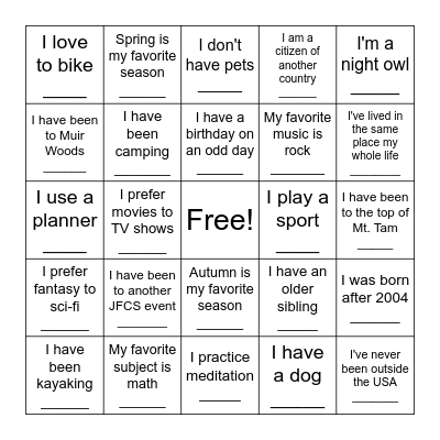 IY Food for Flight Bingo Card