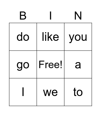 Sight Words Bingo Card