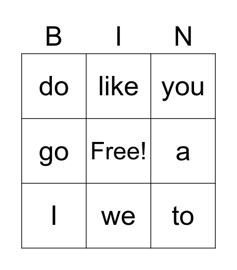 Sight Words Bingo Card