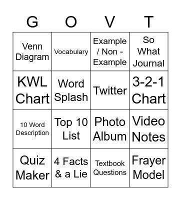 Government Choice Board Bingo Card