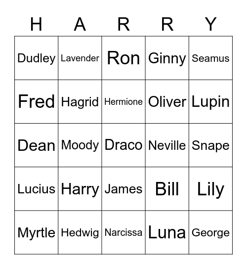 Harry Potter Characters Bingo Card