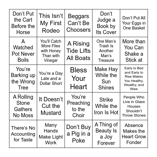 Southern Sayings Bingo Card