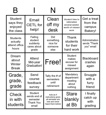 End of Semester Bingo Card