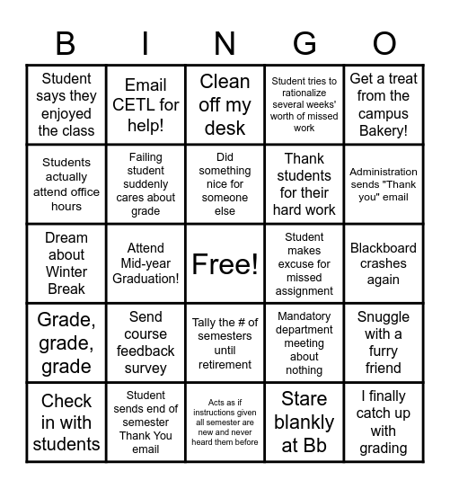 End of Semester Bingo Card