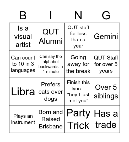 QUT End of Year Staff Gathering Bingo Card