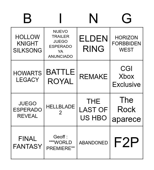 GAME AWARDS 2021 Bingo Card