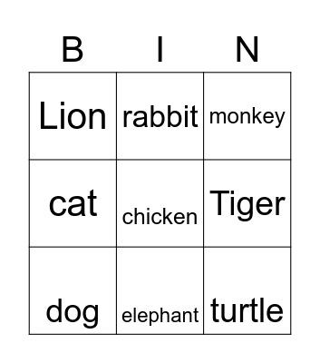 Animal Bingo Card