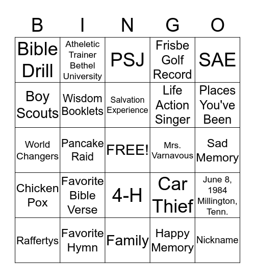 David Matthew Holsinger Bingo Card