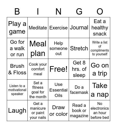Self Care BINGO Card