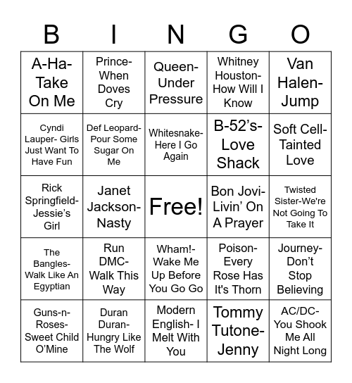 Total-Quiz.com Trivia Presents: Raido Bingo 80's Music Bingo Card