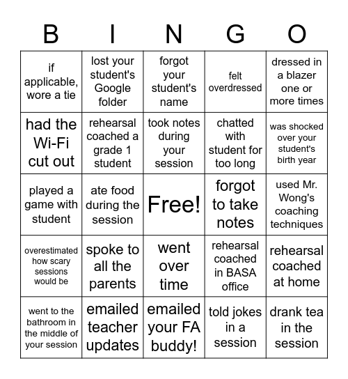 REHEARSAL COACH BINGO! Bingo Card