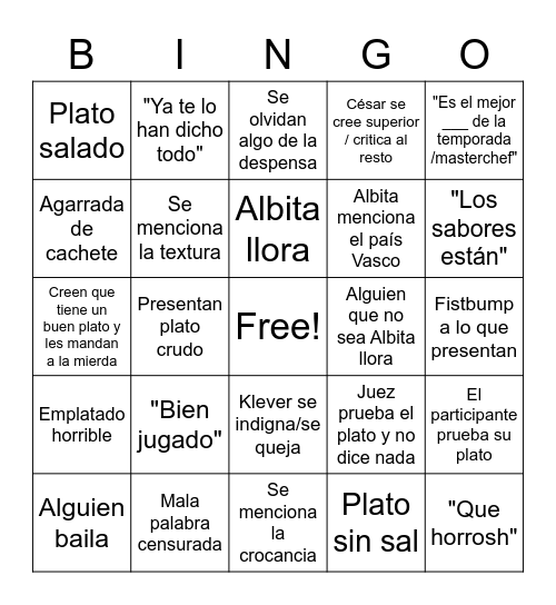 MasterChef Bingo Card