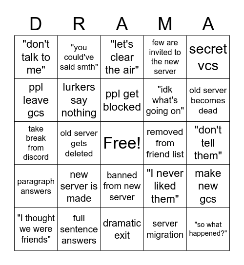 discord drama bingo Card