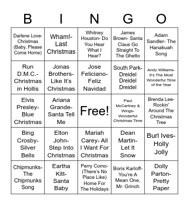 Total-Quiz.com Trivia Presents: Radio Bingo Holiday Pop Music Bingo Card