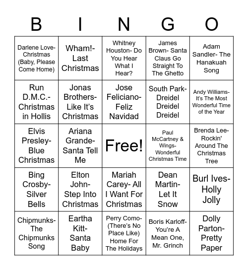 Total-Quiz.com Trivia Presents: Radio Bingo Holiday Pop Music Bingo Card