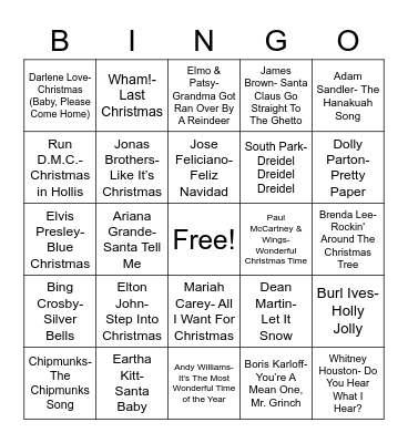 Total-Quiz.com Trivia Presents: Radio Bingo Holiday Pop Music Bingo Card