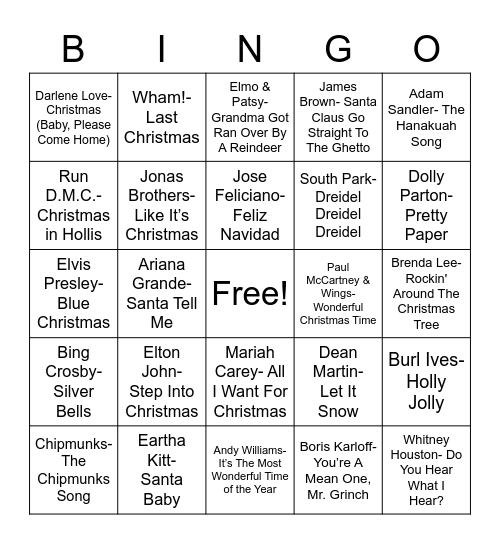 Total-Quiz.com Trivia Presents: Radio Bingo Holiday Pop Music Bingo Card