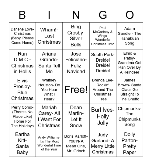 Total-Quiz.com Trivia Presents: Radio Bingo Holiday Pop Music Bingo Card