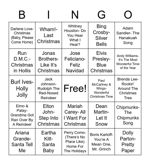 Total-Quiz.com Trivia Presents: Radio Bingo Holiday Pop Music Bingo Card