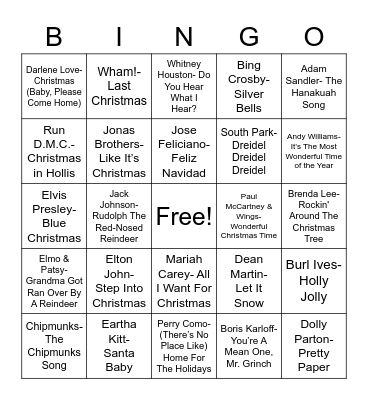 Total-Quiz.com Trivia Presents: Radio Bingo Holiday Pop Music Bingo Card