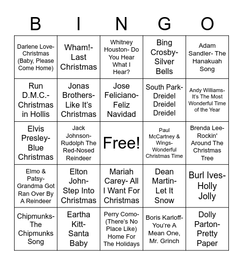 Total-Quiz.com Trivia Presents: Radio Bingo Holiday Pop Music Bingo Card