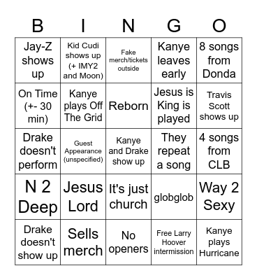 Kanye x Drake x Larry Hoover Concert Bingo Card