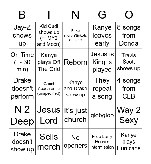 Kanye x Drake x Larry Hoover Concert Bingo Card