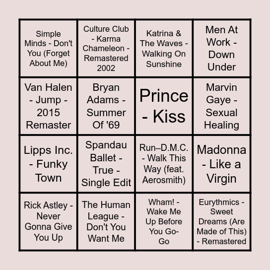 Prince Music Bingo - 80’s Round Bingo Card