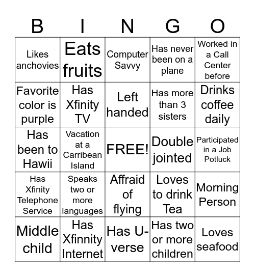 Getting to Know You! Bingo Card