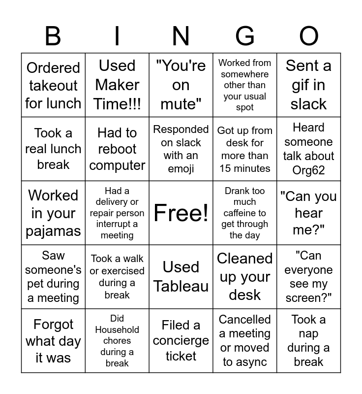 Work from Home Bingo Card