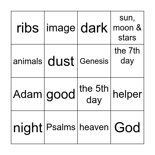 God's Creation Bingo Card