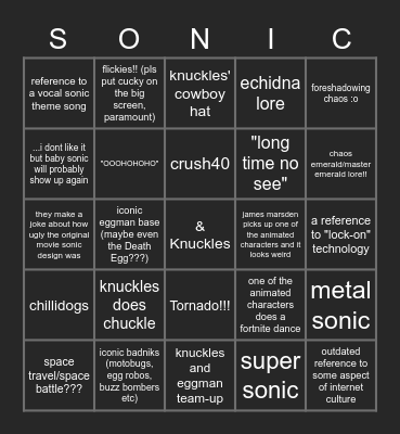 Sonic Movie 2 Bingo Card