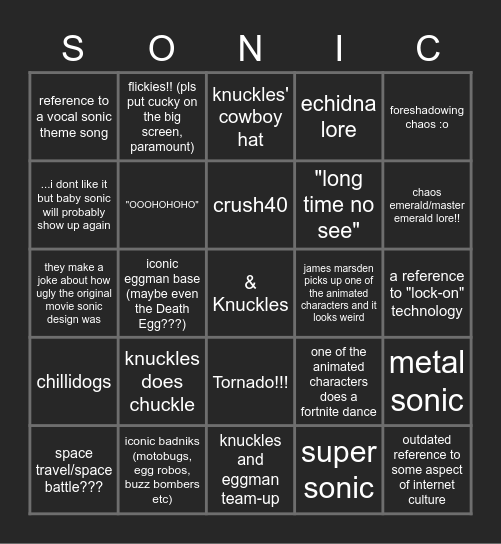 Sonic Movie 2 Bingo Card