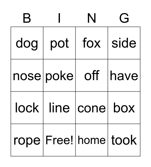 Spelling Long and short "o" sound Bingo Card