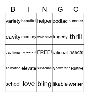 words Bingo Card