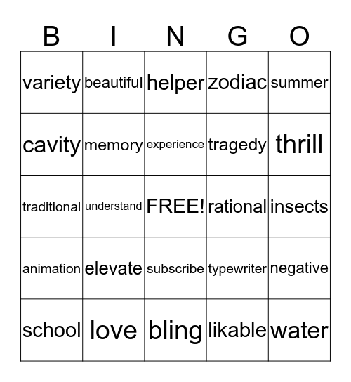words Bingo Card