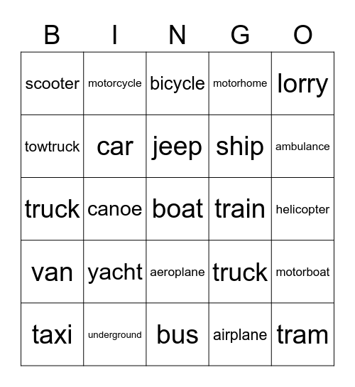 transport Bingo Card