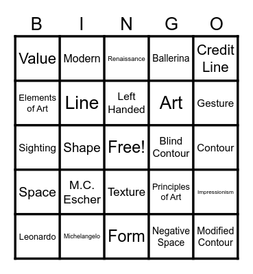 Art 1 Midterm Review Bingo Card