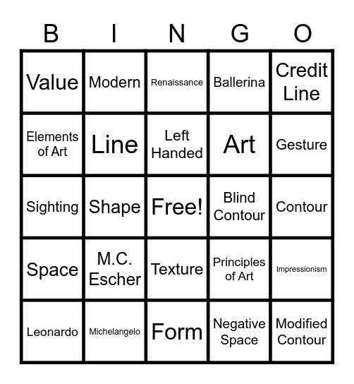 Art 1 Midterm Review Bingo Card