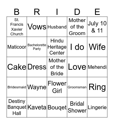 KAVETA'S BRIDAL SHOWER Bingo Card