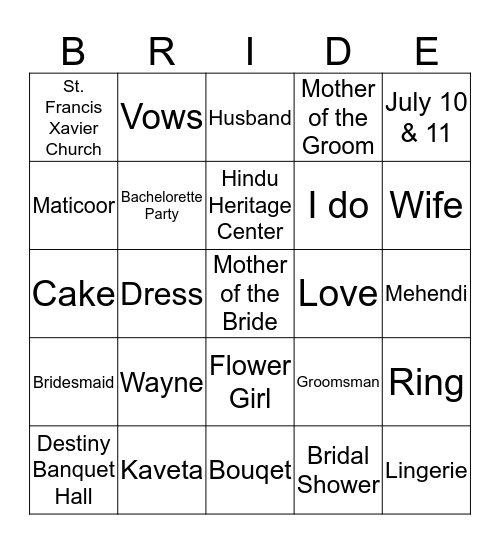 KAVETA'S BRIDAL SHOWER Bingo Card