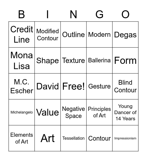 Art 1 Midterm Review Bingo Card