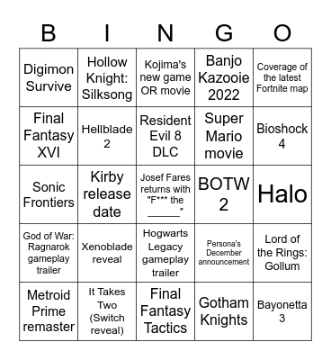 TGA 2021 Bingo Card