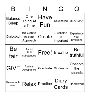 DBT   Bingo  Game Bingo Card